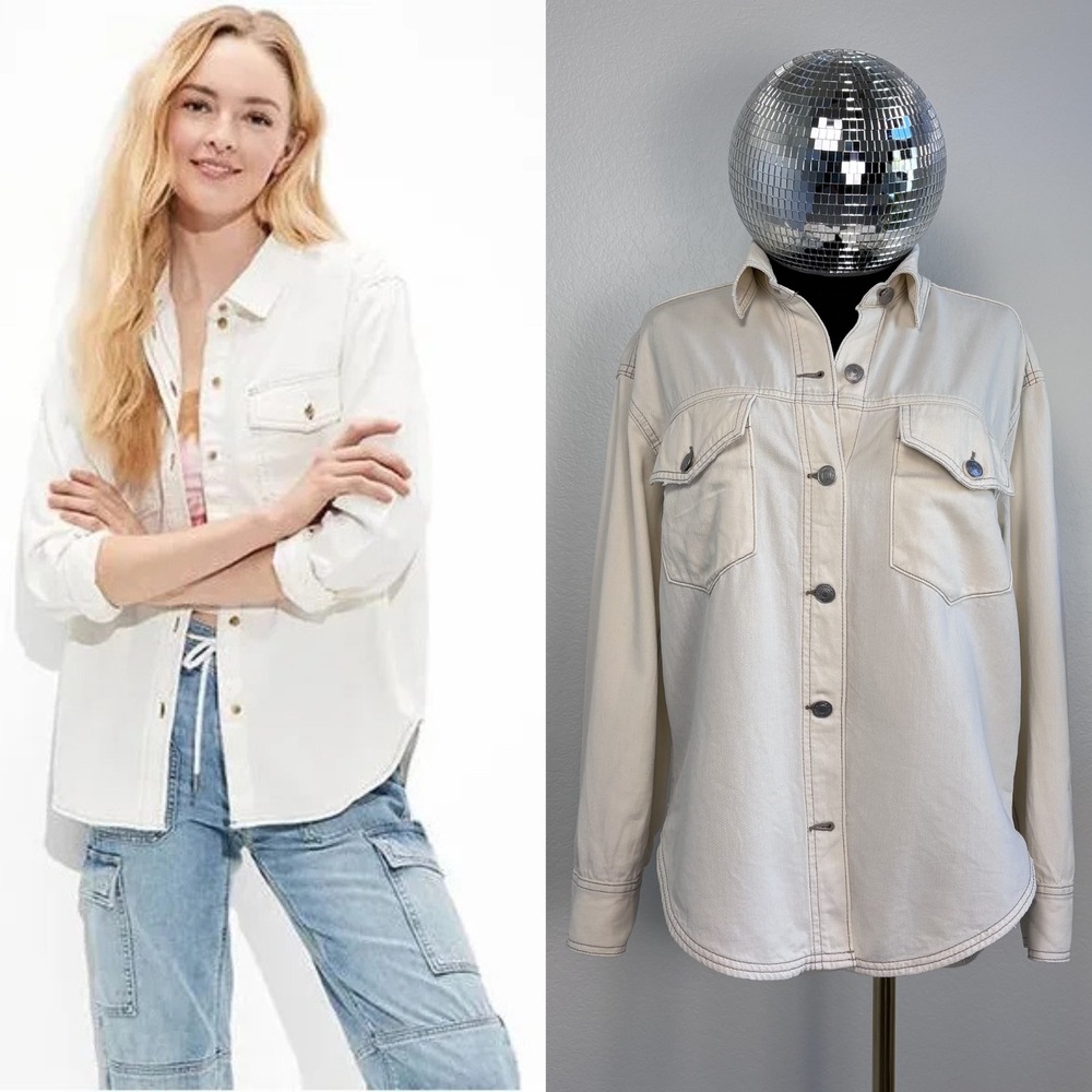 Aerie Women Ecru‎ Stretch Denim Shacket Relaxed Button Down Shirt Jacket Small